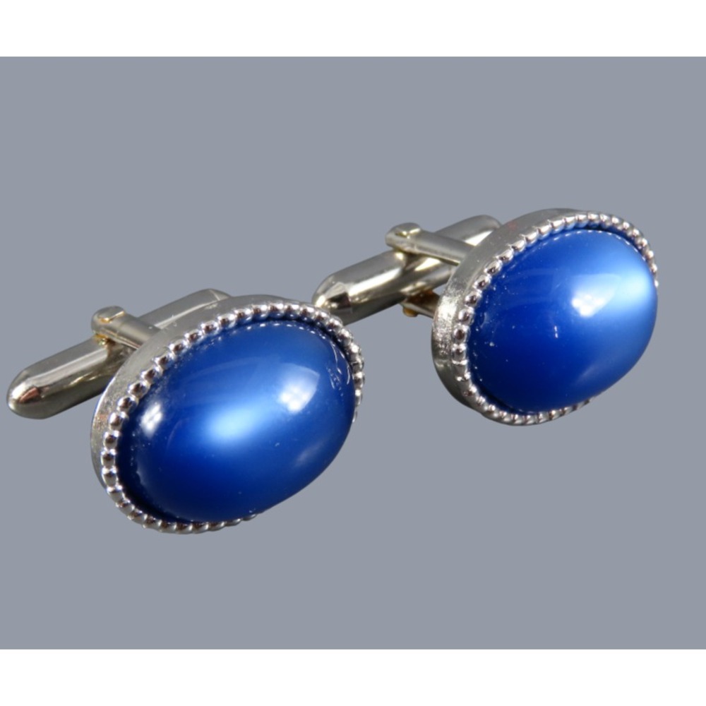 Vintage SWANK CUFFLINKS Silver Tone BLUE MOON GLOW OVAL Cabochon MCM RETRO